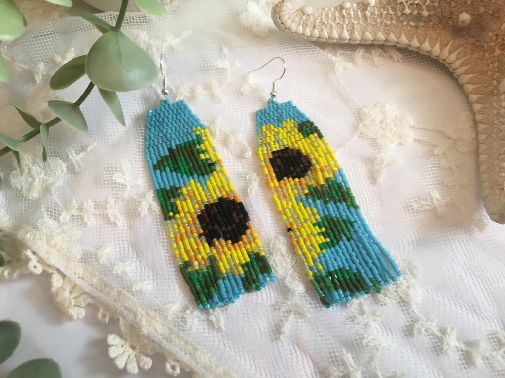 Beaded fringe earrings, Sunflower design, boho dangle fringe earrings, gift her
