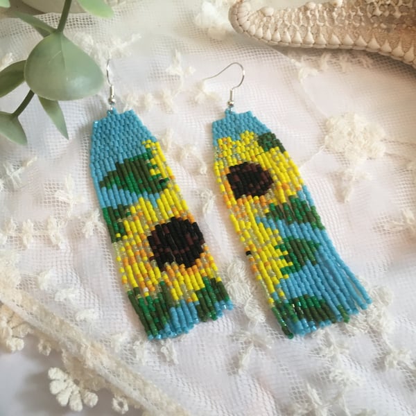 Beaded fringe earrings, Sunflower design, boho dangle fringe earrings, gift her