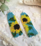 Beaded fringe earrings, Sunflower design, boho dangle fringe earrings, gift her - Image 1