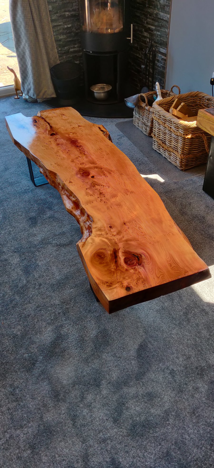 Live Edge Yew Coffee Table – Handcrafted with Natural Grain and Industrial Legs