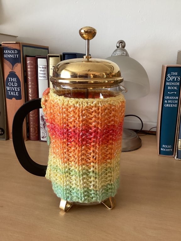HAND KNITTED CAFETIERE COSY FOR A 1 LITRE POT IN MULTICOLOURED YARN 