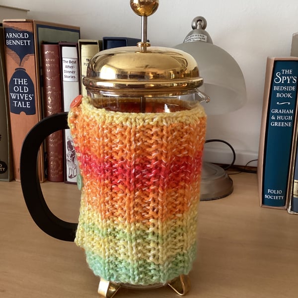 HAND KNITTED CAFETIERE COSY FOR A 1 LITRE POT IN MULTICOLOURED YARN 