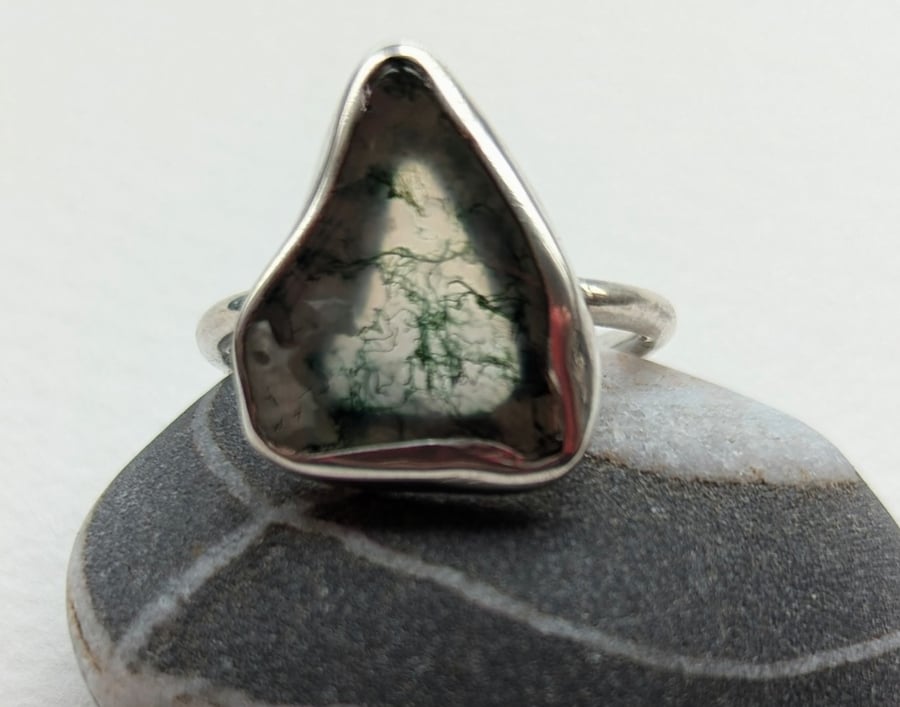 Moss Agate Irregular Shaped Sterling Silver Ring
