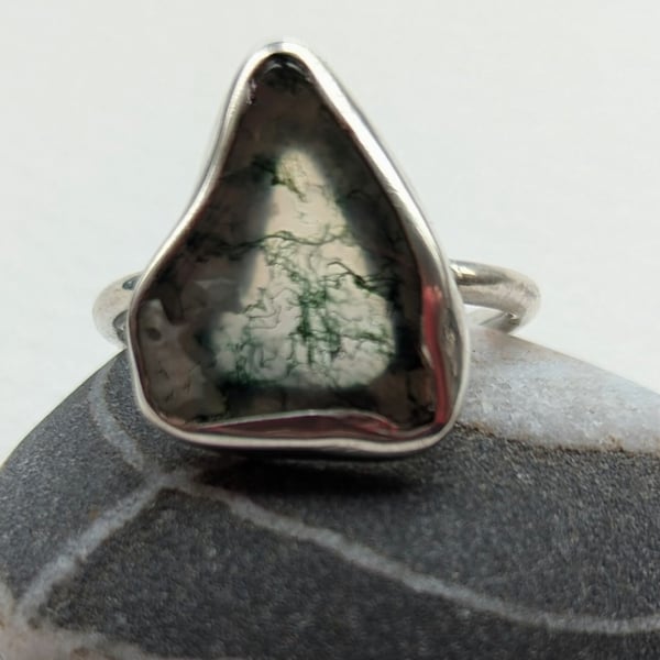 Moss Agate Irregular Shaped Sterling Silver Ring