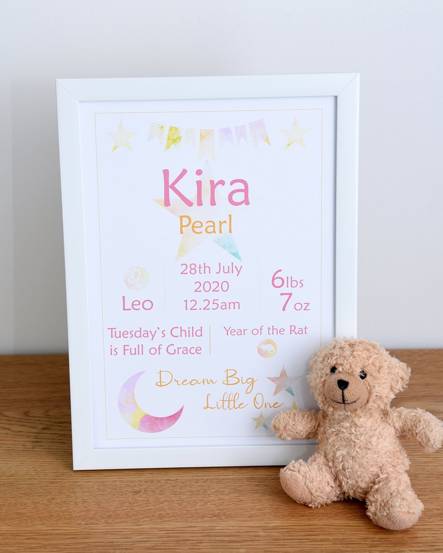 Personalised New Baby Gift, Baby Name Wall Art, Christening Gift, A4 Print