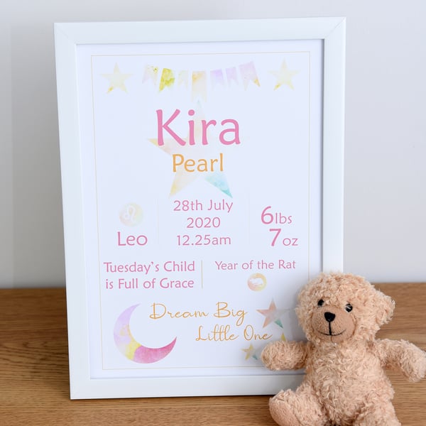 Personalised New Baby Gift, Baby Name Wall Art, Christening Gift, A4 Print