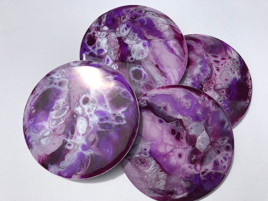Purple  and silver, lightweight, round coasters, heat, scratch resistant resin