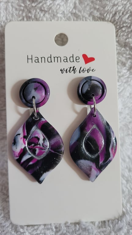 Handmade Polymer Clay Black, Purple and White Earrings. 316 Stainless Steel