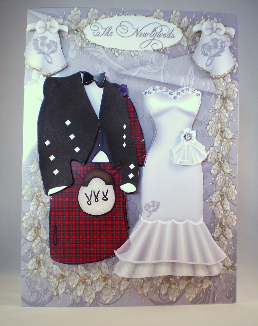 Handmade Scottish Decoupage,3D Wedding Card, tartan,kilt and dress