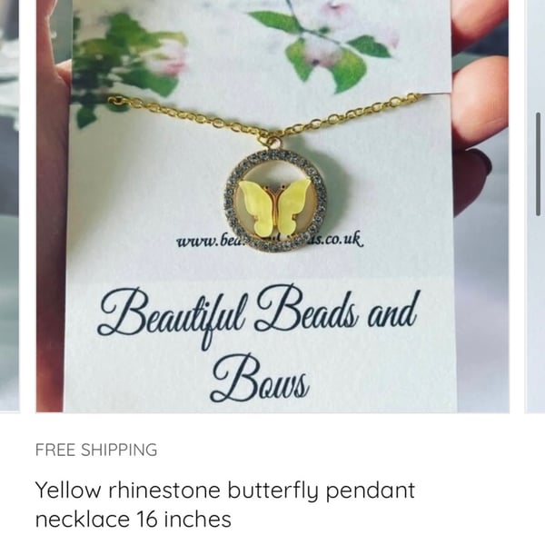 Yellow rhinestone butterfly pendant necklace goldtone gift ladies necklace 