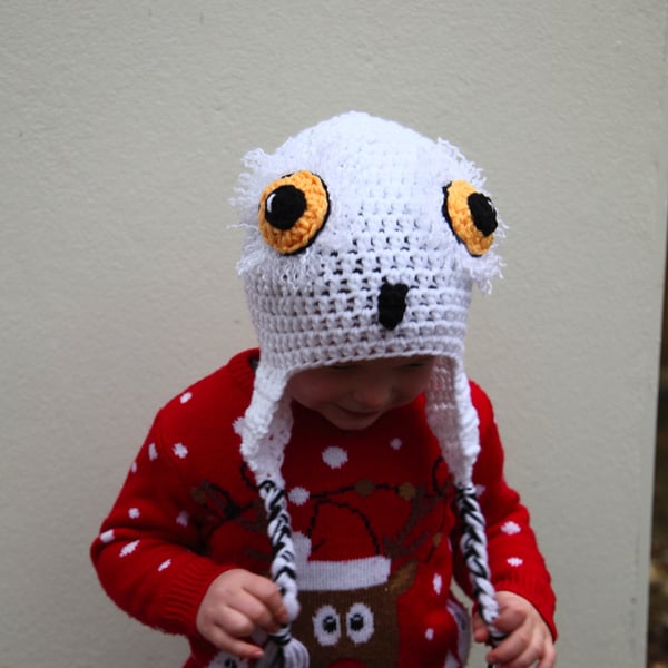 Crochet snowy owl hat, baby, toddler, child, adult sizes, novelty winter hat