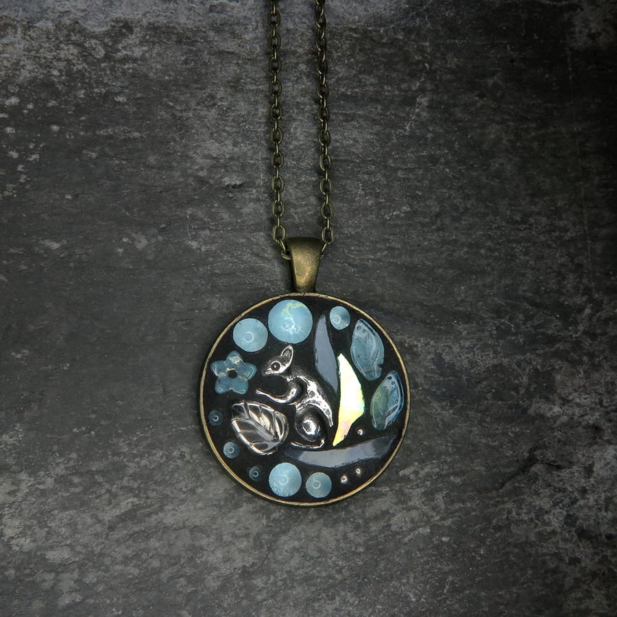 'Squirrel Blue' - Glass Mosaic Pendant- Glow In The Dark- Sale!