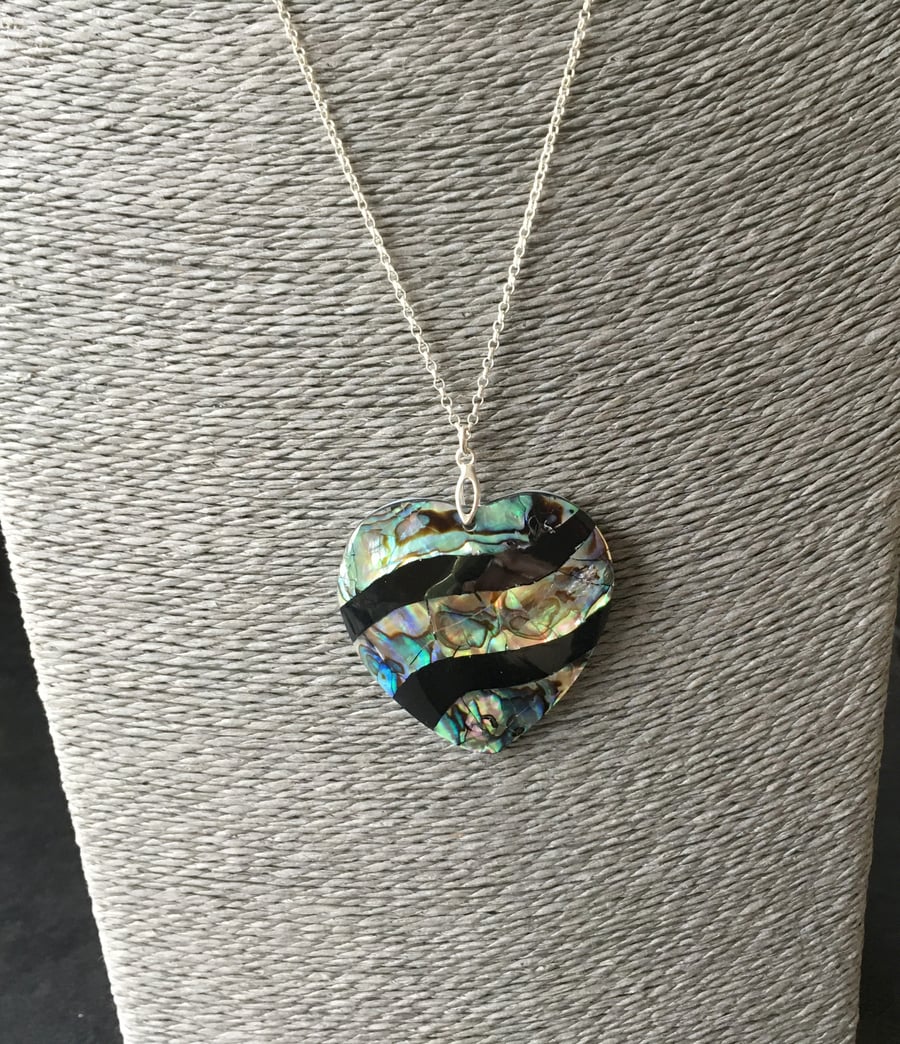 Sterling Silver Long Abalone Heart Necklace, Large Paua Shell Pendant