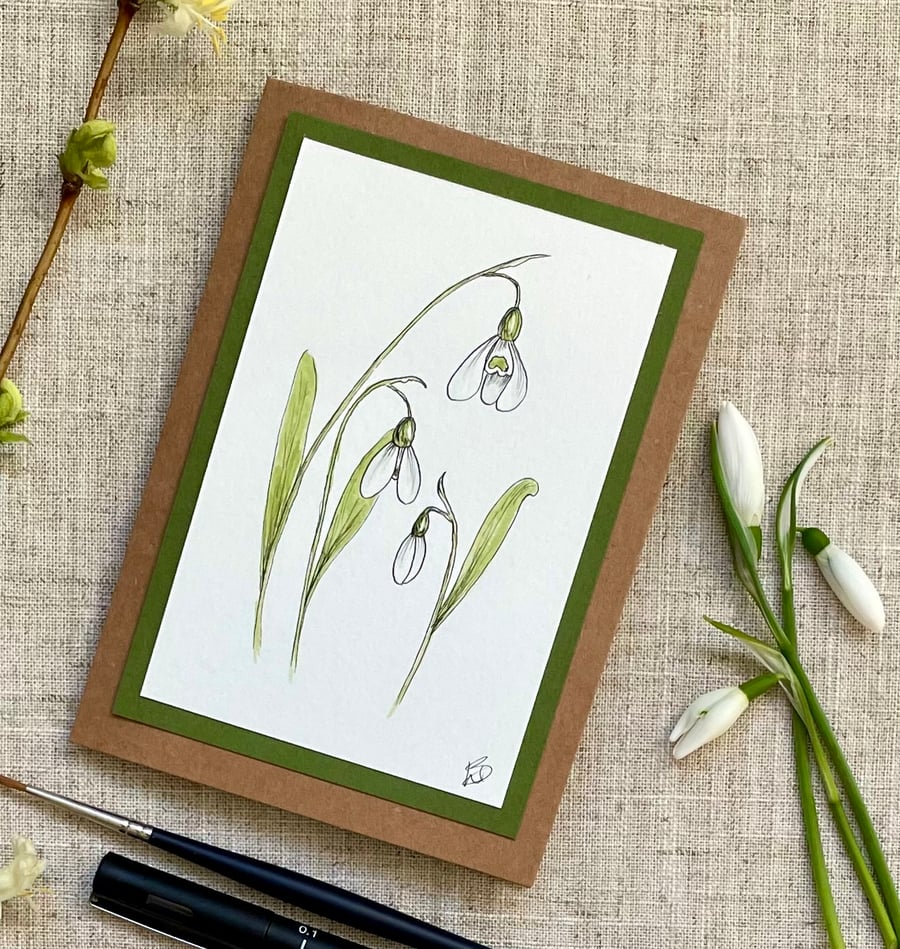 Card, greeting card, snowdrops, hand painted original artwork. 