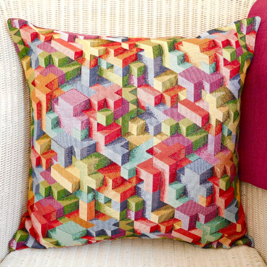 Cushion: Tapestry Throw Pillow, Blocks design - Pink reverse