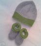 Baby's Hat and Booties Grey and Green DK Yarn, Baby Shower Gift, Custom Make