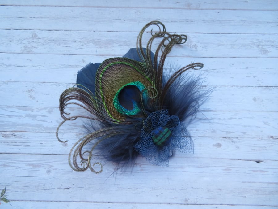 Navy Blue Peacock Feather Black Watch Tartan Fascinator Hair or Hat Clip 