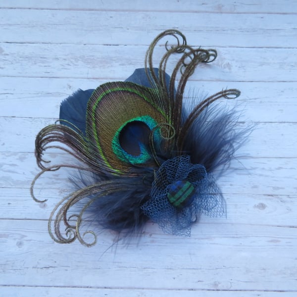 Navy Blue Peacock Feather Black Watch Tartan Fascinator Hair or Hat Clip 