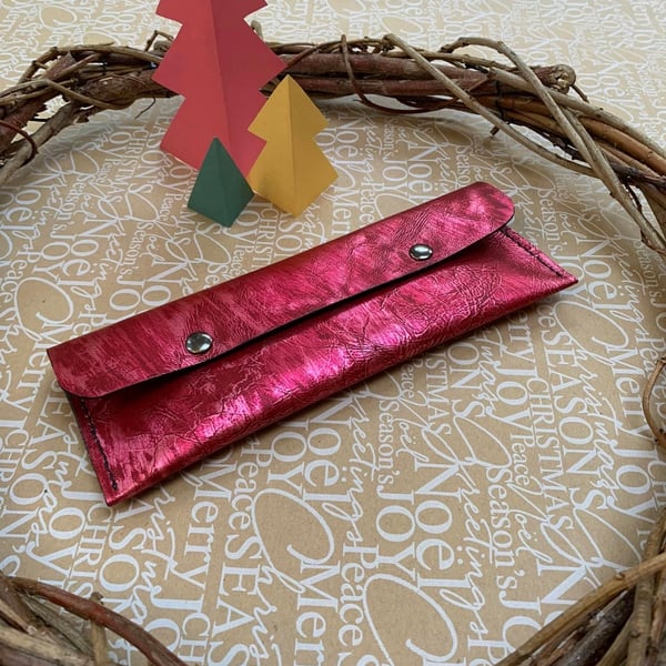 Multi purpose handmade red leather unisex pouch