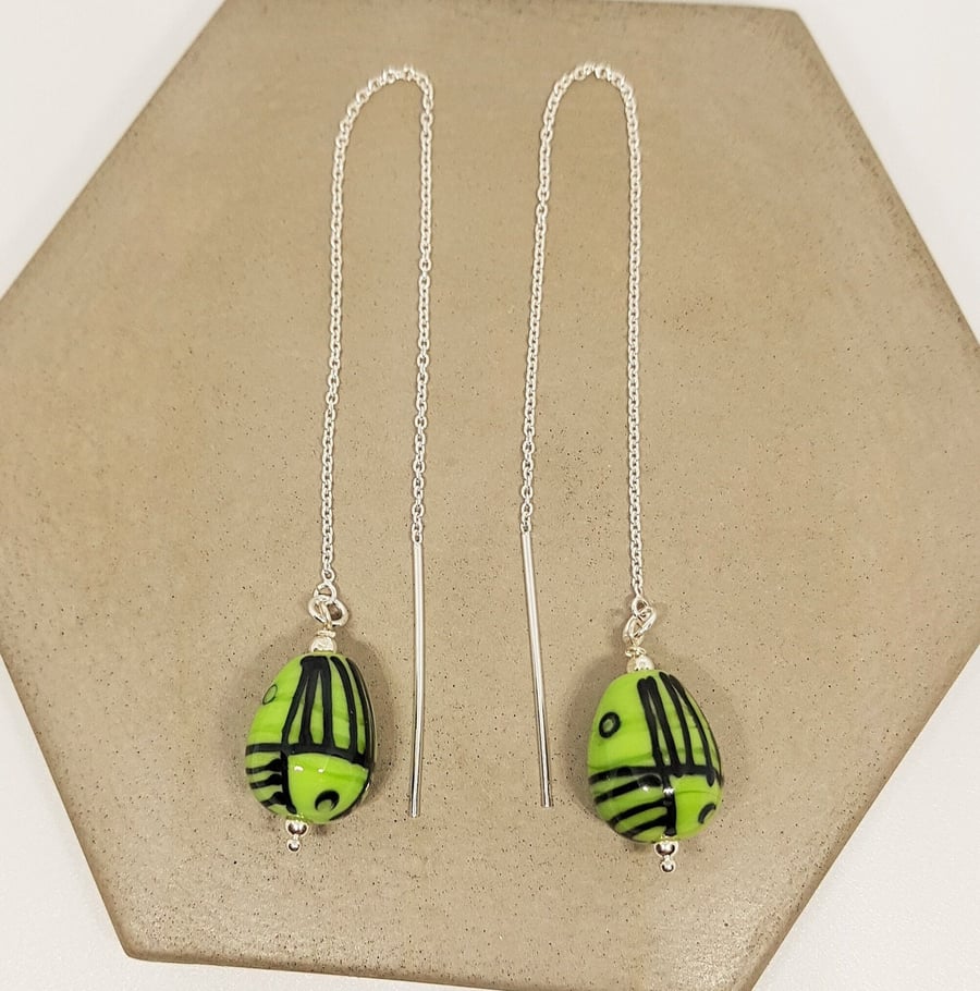 Lampwork Glass Egg Earrings, Geometric Glass Earrings, Threader Earrings, Sterli