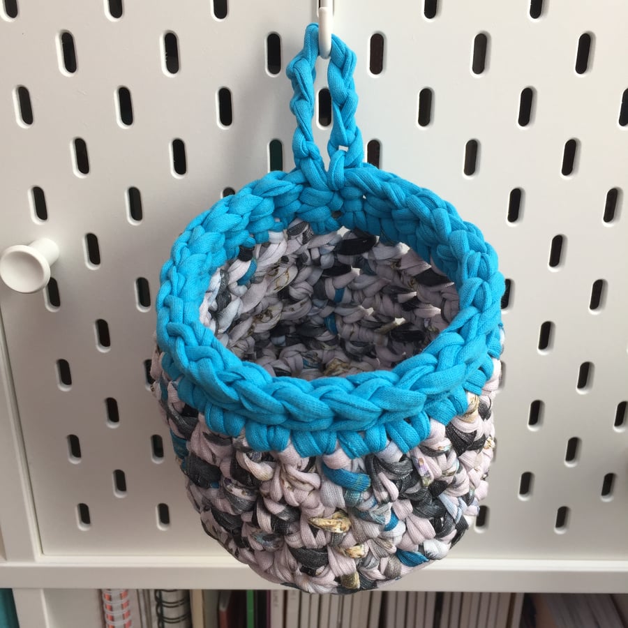 Small crochet hanging basket, pegboard basket - turquoise and patterned