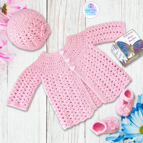 Crochet baby set, layette. Pink baby coat, cardigan, hat and shoes 0-3 mths.