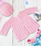 Crochet baby set, layette. Pink baby coat, cardigan, hat and shoes 0-3 mths. - Image 1