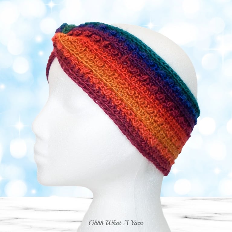 Crochet headband, ear warmer. Rainbow twist ear warmer. Rainbow headband. 