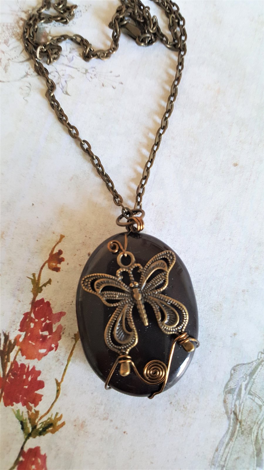 Steampunk Necklace Agate Butterfly Wirework 