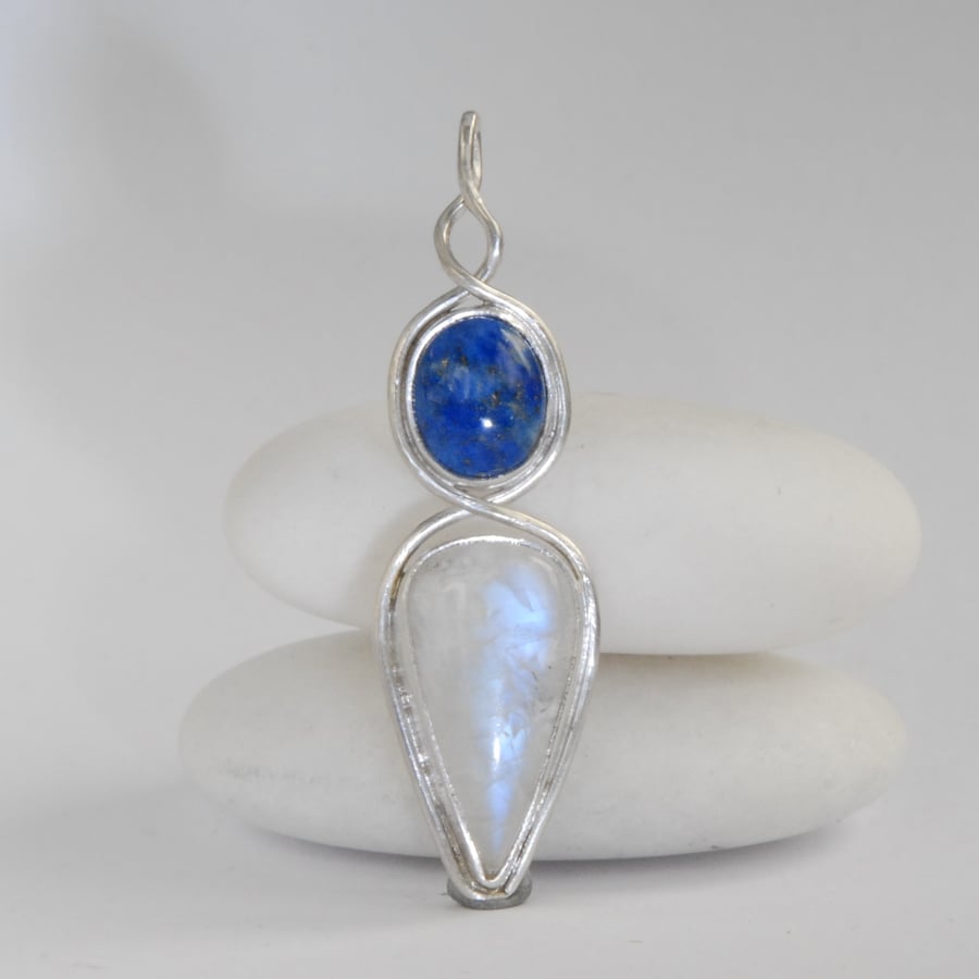 Sterling silver, rainbow moonstone and blue lapis pendant