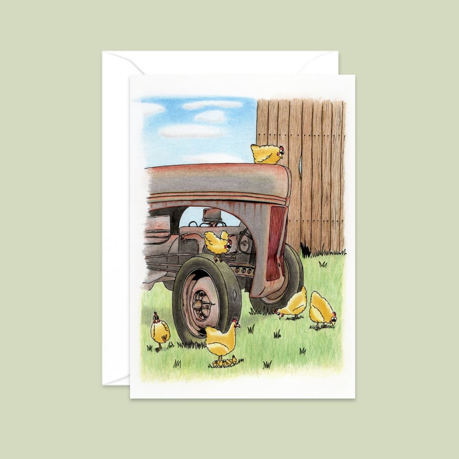 Chickens Greeting Card: Happy Hens Pencil Illustration (211)
