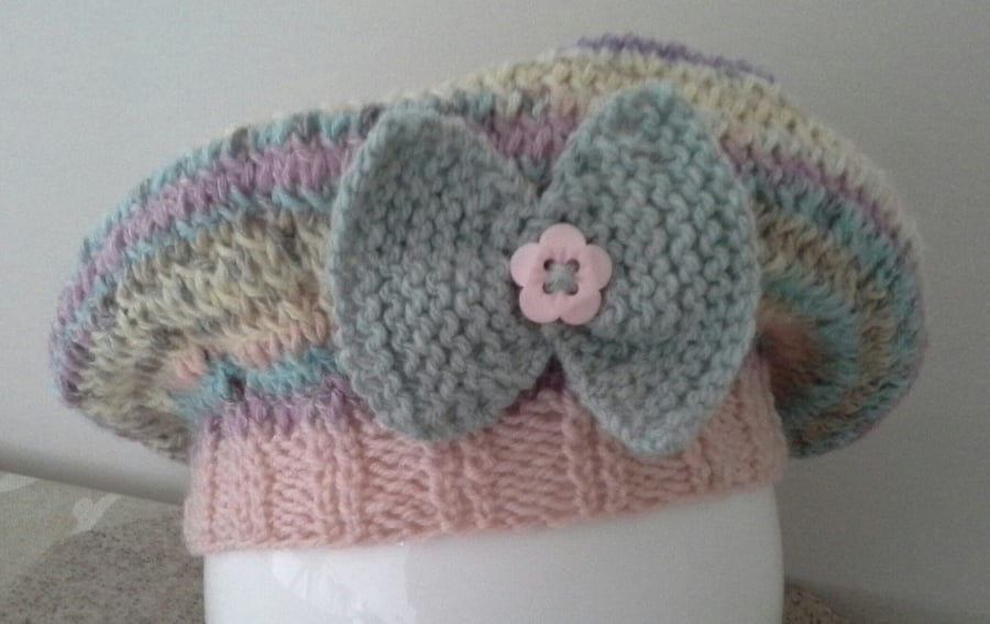 Hand Knitted Baby Girls Beret Hat with Merino Wool & Cotton  0-9 months size