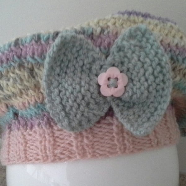 Hand Knitted Baby Girls Beret Hat with Merino Wool & Cotton  0-9 months size