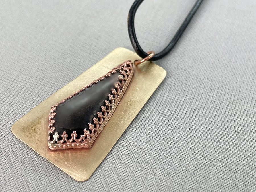 Silver Obsidian - Dragon Glass Prism Copper Pendant on Black Leather Necklace