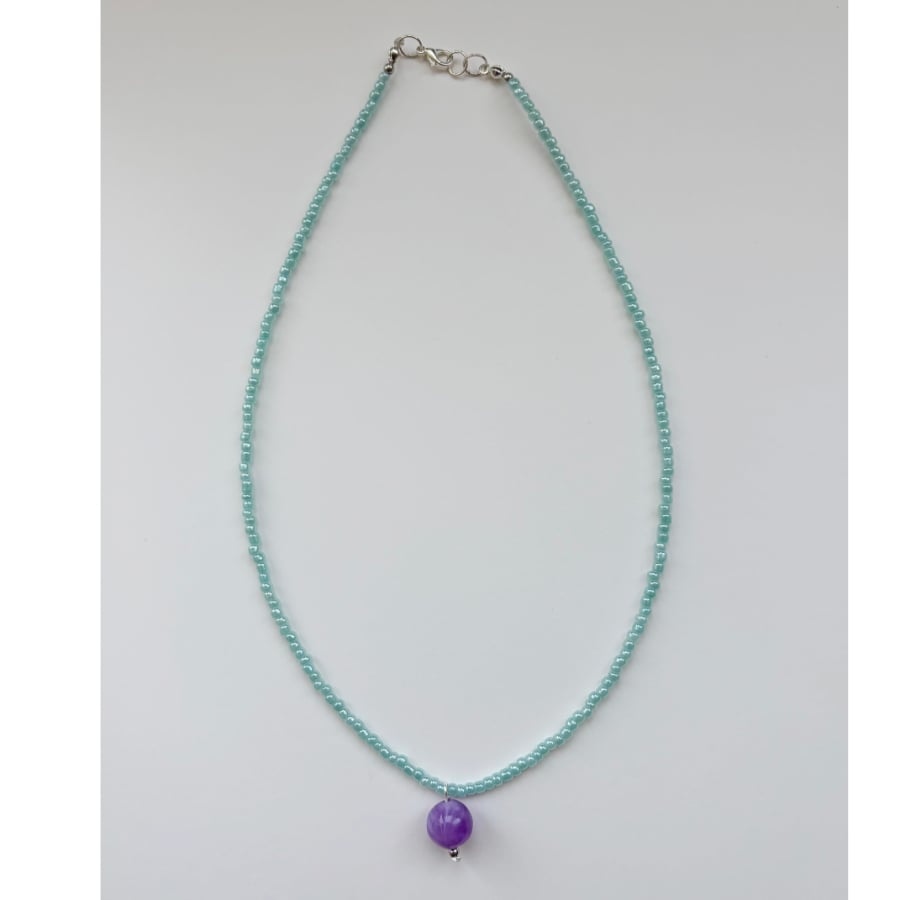 Summer Fun Beach Wear Light Green Pastel Necklace with Purple Bead
