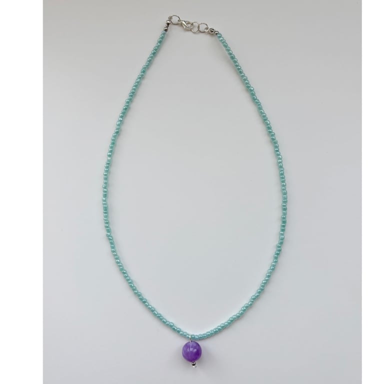 Summer Fun Beach Wear Light Green-Blue Pastel Necklace with Purple Bead