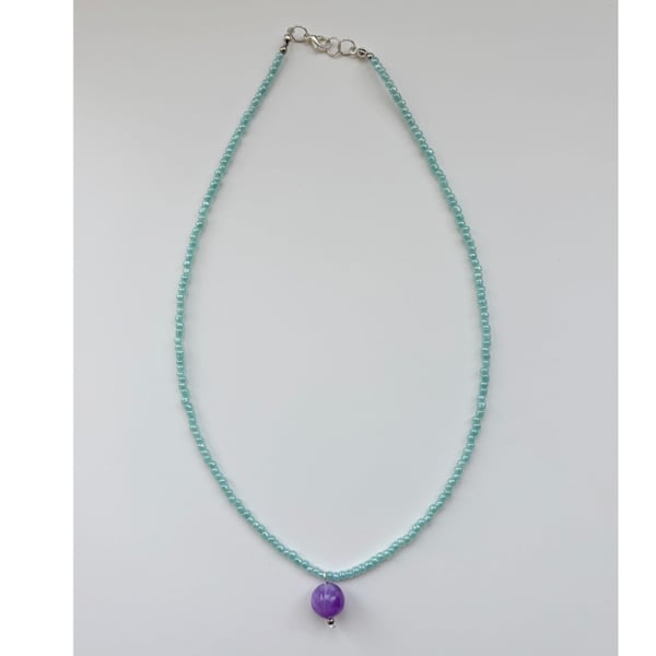 Summer Fun Beach Wear Light Green Pastel Necklace with Purple Bead