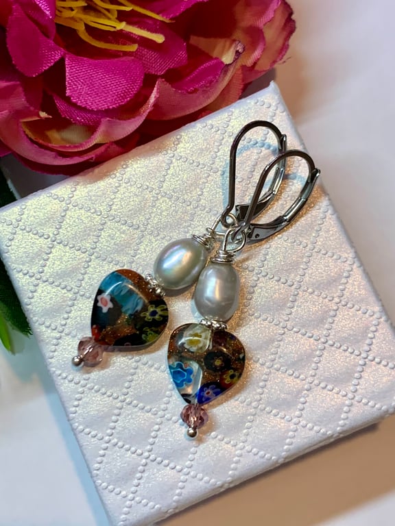 Millefiori Heart, Freshwater Pearl and Crystal Earrings
