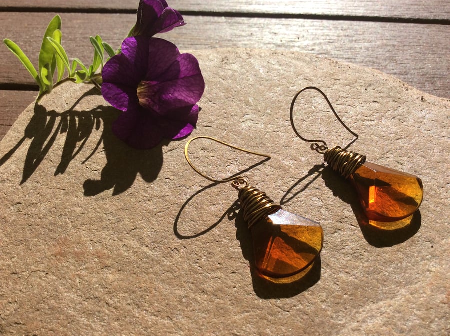 Dark Amber Faceted Glass Wire Wrap Earrings 