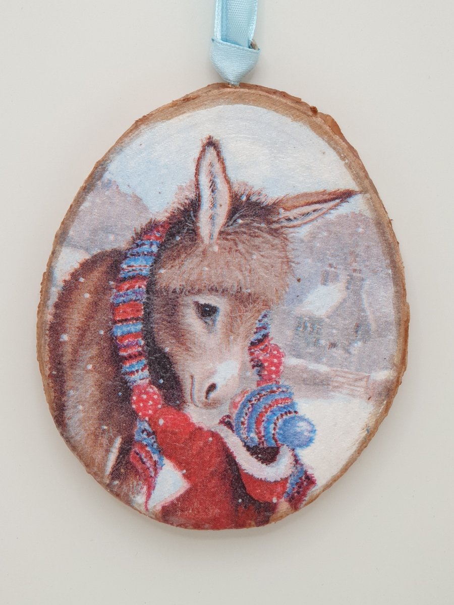 Donkey hanging Christmas decoration - log slice Christmas decoration 