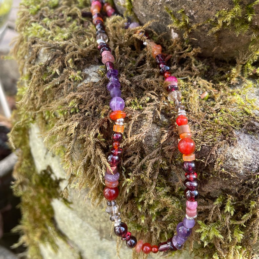 Gemstone and sterling silver bead necklace in berry colours