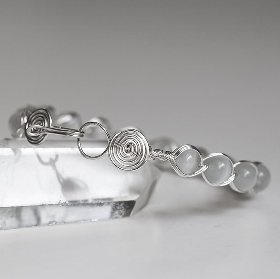 Cat's Eye Moonstone Spiral & Clasp Silver Bangle