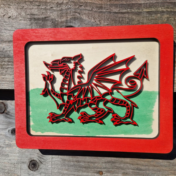 The Red Dragon. Wall hanging picture on wood frame, hand painted. Wales
