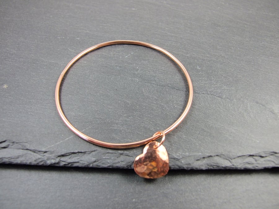 Copper Bangle, with Hammered and Domed Heart Charm