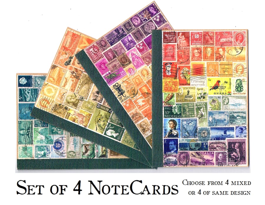 Set of 4 Blank Notecards - Postage Stamp Collage Art, choice of printed designs