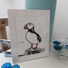 Print pre mounted handmade Linocut Print 'Puffin' Home Decor Gift