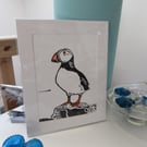 Print pre mounted handmade Linocut Print 'Puffin on the rock' Home Decor Gift