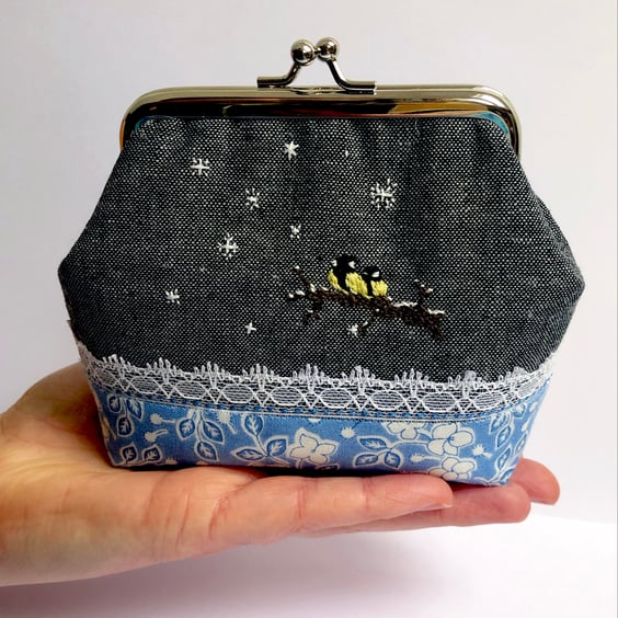 Great tits in the snow hand embroidered clutch purse