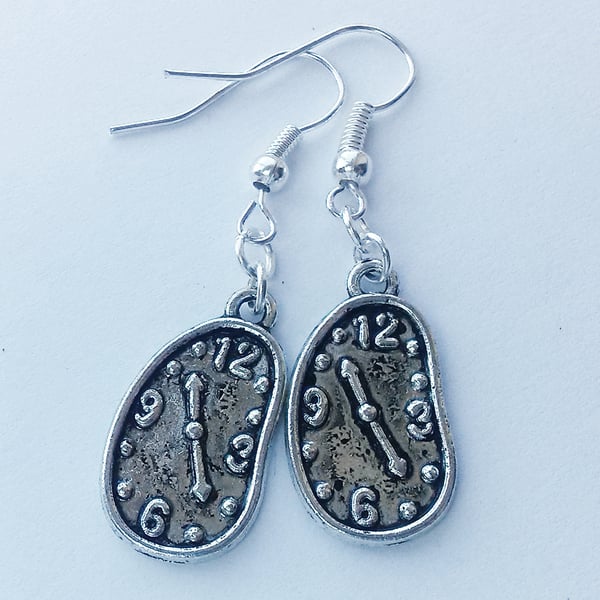 Dali Melting Clock Earrings Drop Dangle Silver Plate