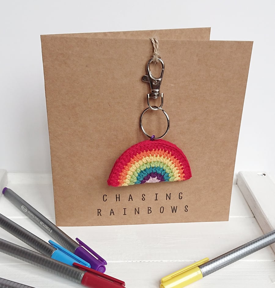 Crochet Rainbow Greeting Card with detachable key ring,bag charm